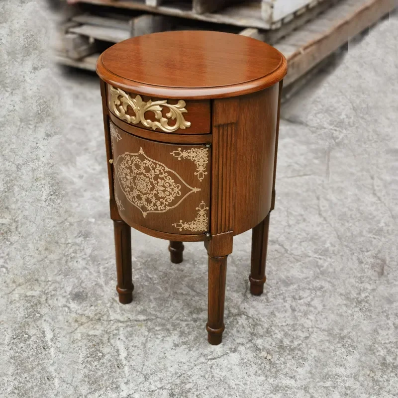 Walnut Round Side Table with Gold Relief Design Multi-functional Sofa End Table Flower Pot Stand Floor Storage Locker