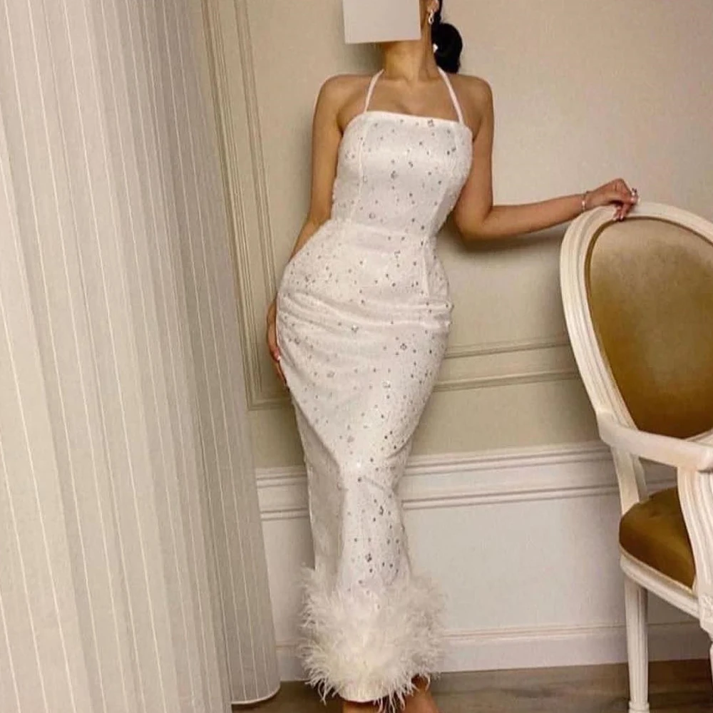 Customized Exquisite Feathers Crystal Jersey White Evening Dress Delicate Halter Straight Sleeveless Ankle Length Party Gowns