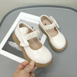 Girls Leather Shoes Children Fashion Bow with Pearls Chic Princess Glossy Kids Versatile Shallow Loafers for Party Wedding 2024