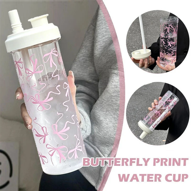 Leak-proof  Water Cup 750ml Large Capacity Pink Bow Print Tumbler Water Bottle with Straw Lid Girly Attractive Drinking Cup