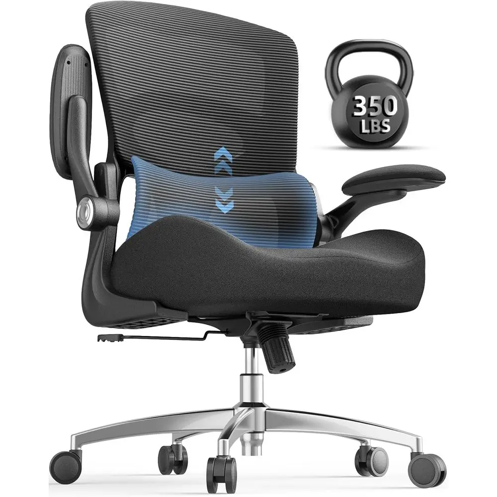 Ergonomic Office Chair - Adjustable Lumbar Support for Big and Tall, 350lbs Capacity, Mesh with Flip-Up Arms for Gaming and Home