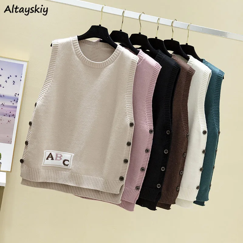 Autumn Women Sweater Vests Patchwork Side Buttons Fashionable Sleeveless Knit Top Korean Style Sweaters Females M-3XL Elegant