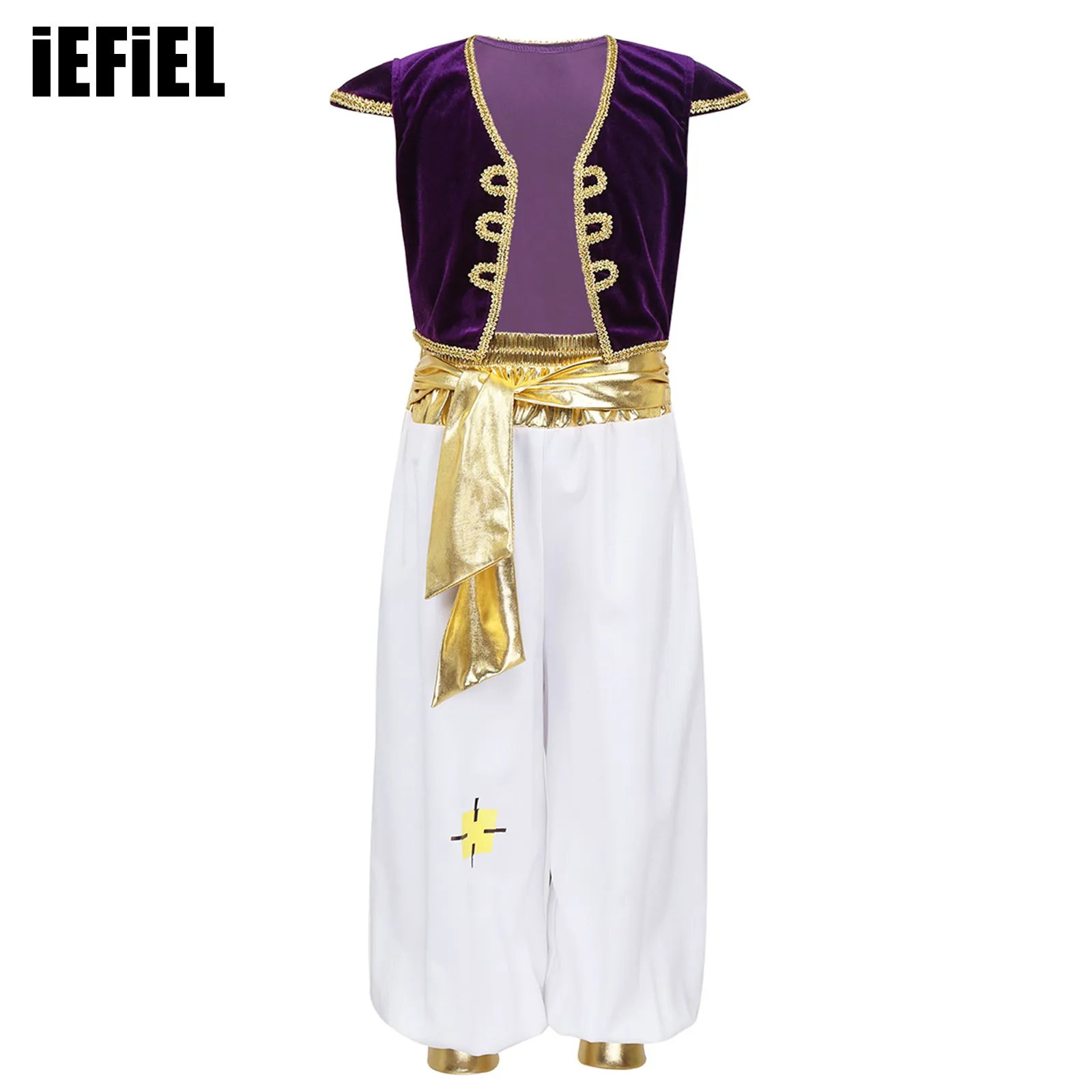 Arabian Prince Costume Kid Boys Outfit Cap Sleeves Vest Waistcoat with Pants Set for Halloween Dress Up Cosplay Party