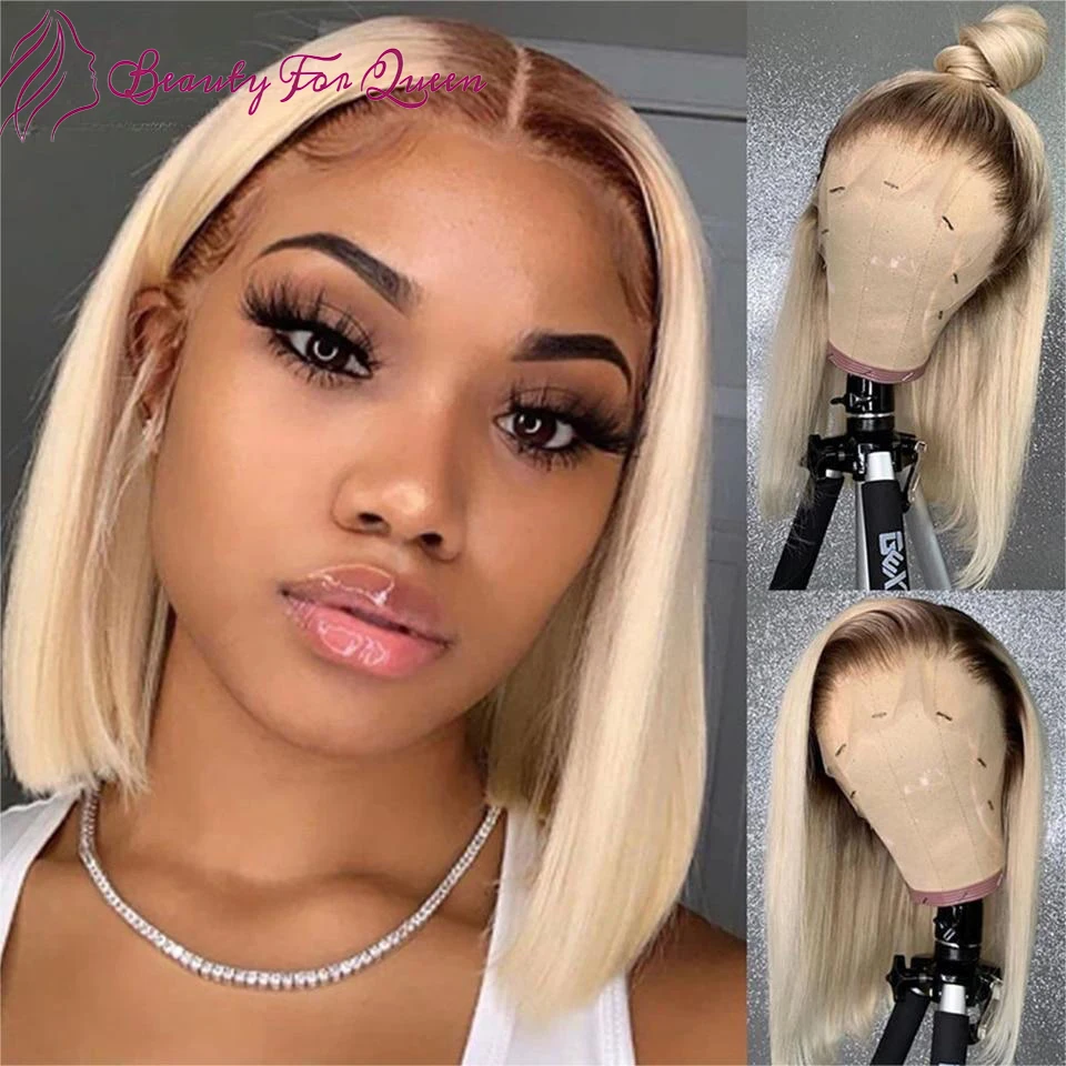 13X4 HD Lace Frontal Wig Dark Root Honey Blonde Brown Colored 613 Ombre Short Bob Wig Straight Lace Front Human Hair Wigs