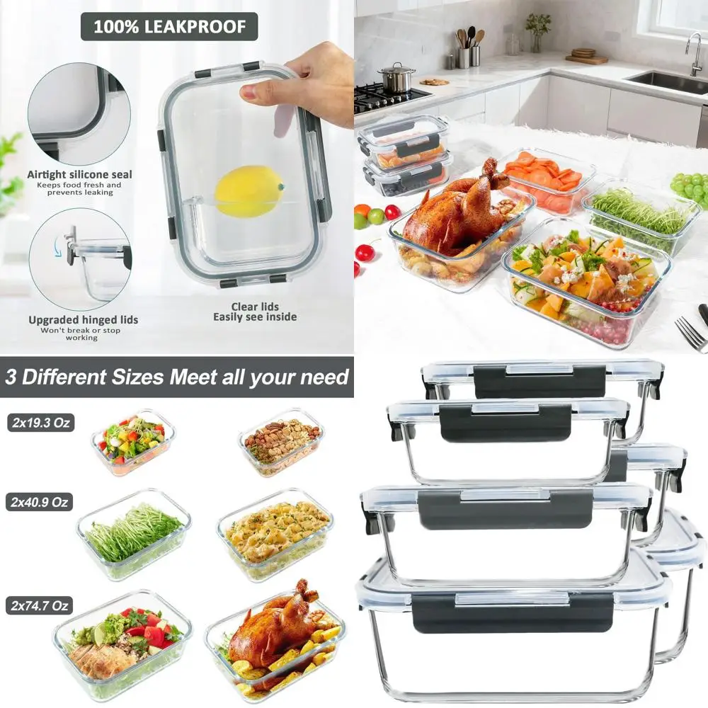 

6-Piece Large Glass Food Storage Set with Lids, Airtight for Microwave, Oven, Freezer, Dishwasher