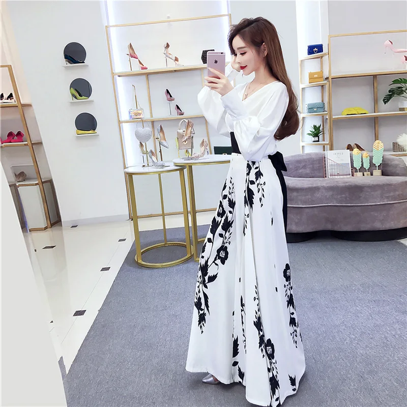 2022Spring Summer Suit Two-Piece Women Loose Long Sleeve Blouse With High Wasit Pants Set Shirt + Printed Wide-leg Culottes Lady