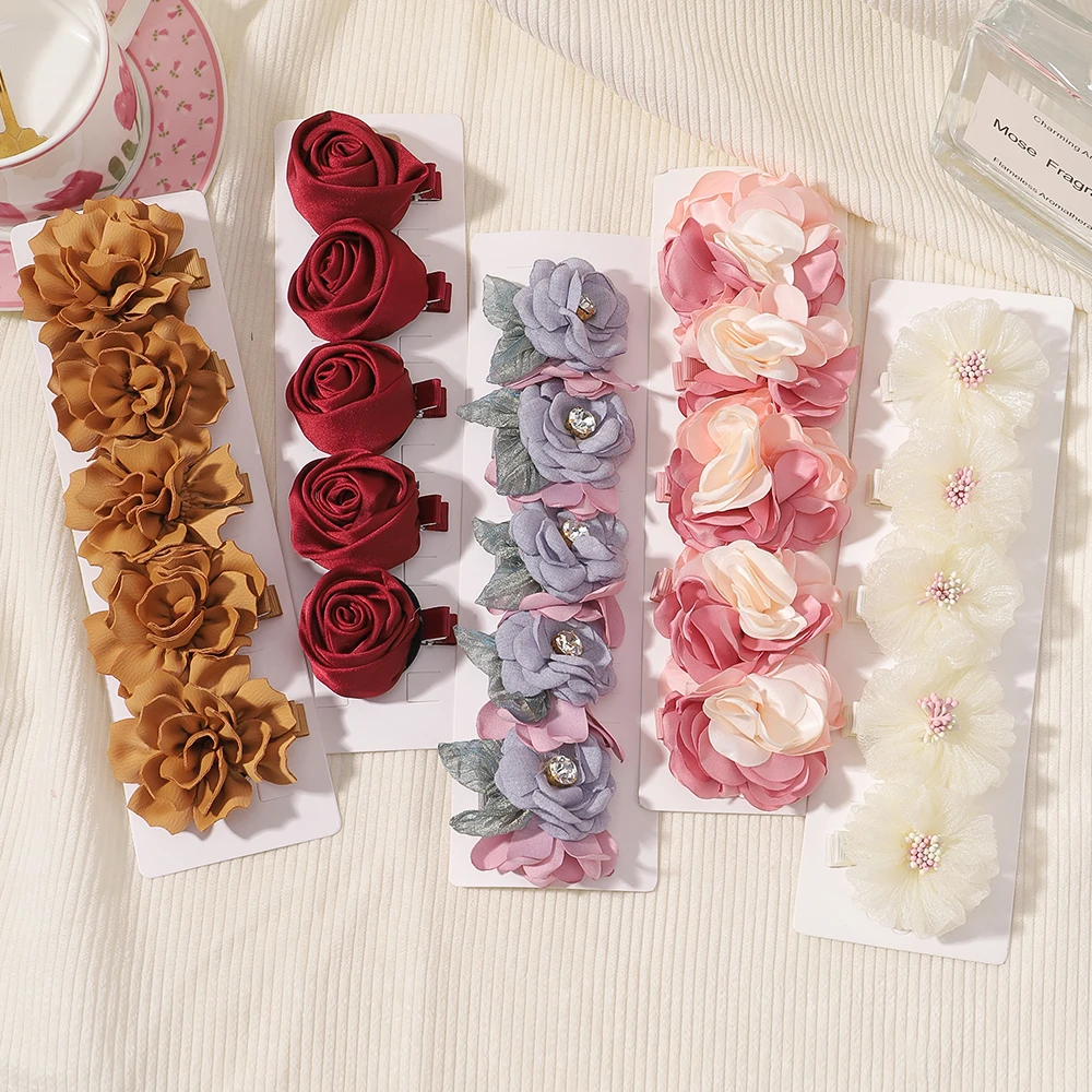 

3/5pcs Children Handmade Chiffon Petals Poppy Flower Hair Clips Rolled Rose Fabric Hair Flowers for Kids Girls Hair Accessories