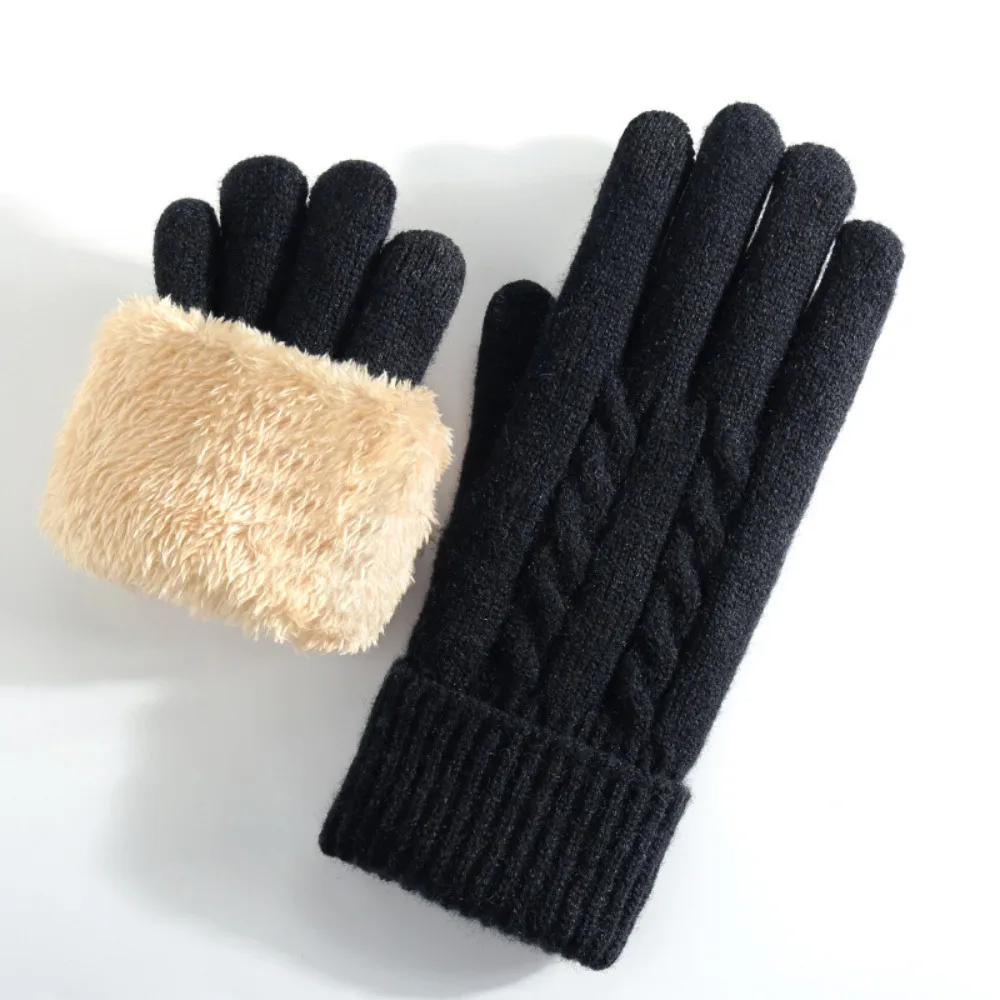 New Lamb Velvet Winter Gloves Double Layer Cable Knit Thermal Gloves Fleece Lined Touchscreen Gloves for Men Women