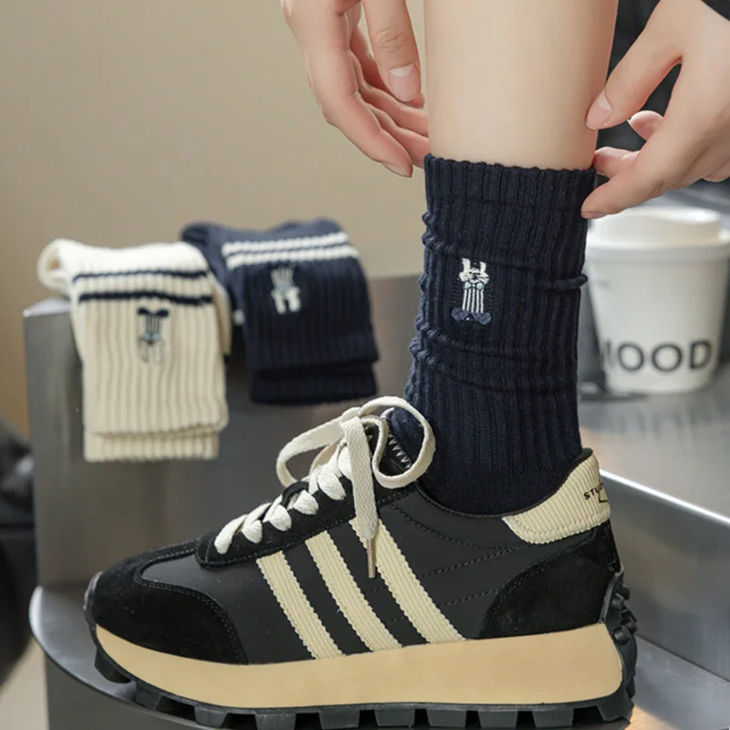 SUXINAIMIN Rabbit Embroidery Socks Women Korean Instagram Trendy Striped Slouchy Mid-Calf Crew Socks Autumn Winter Daily Fashion