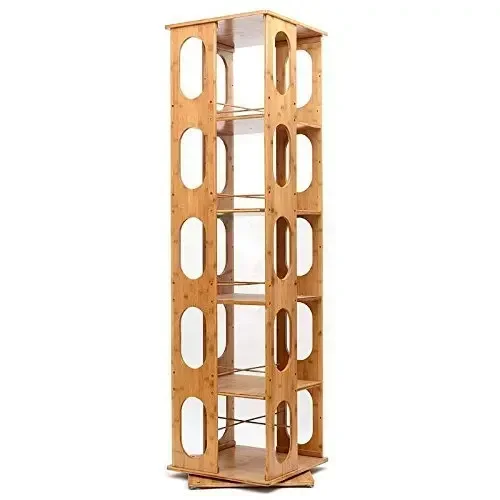 

360 Rotating Natural Bamboo Bookcase,Bookshelf with Removable Adjustable Divider