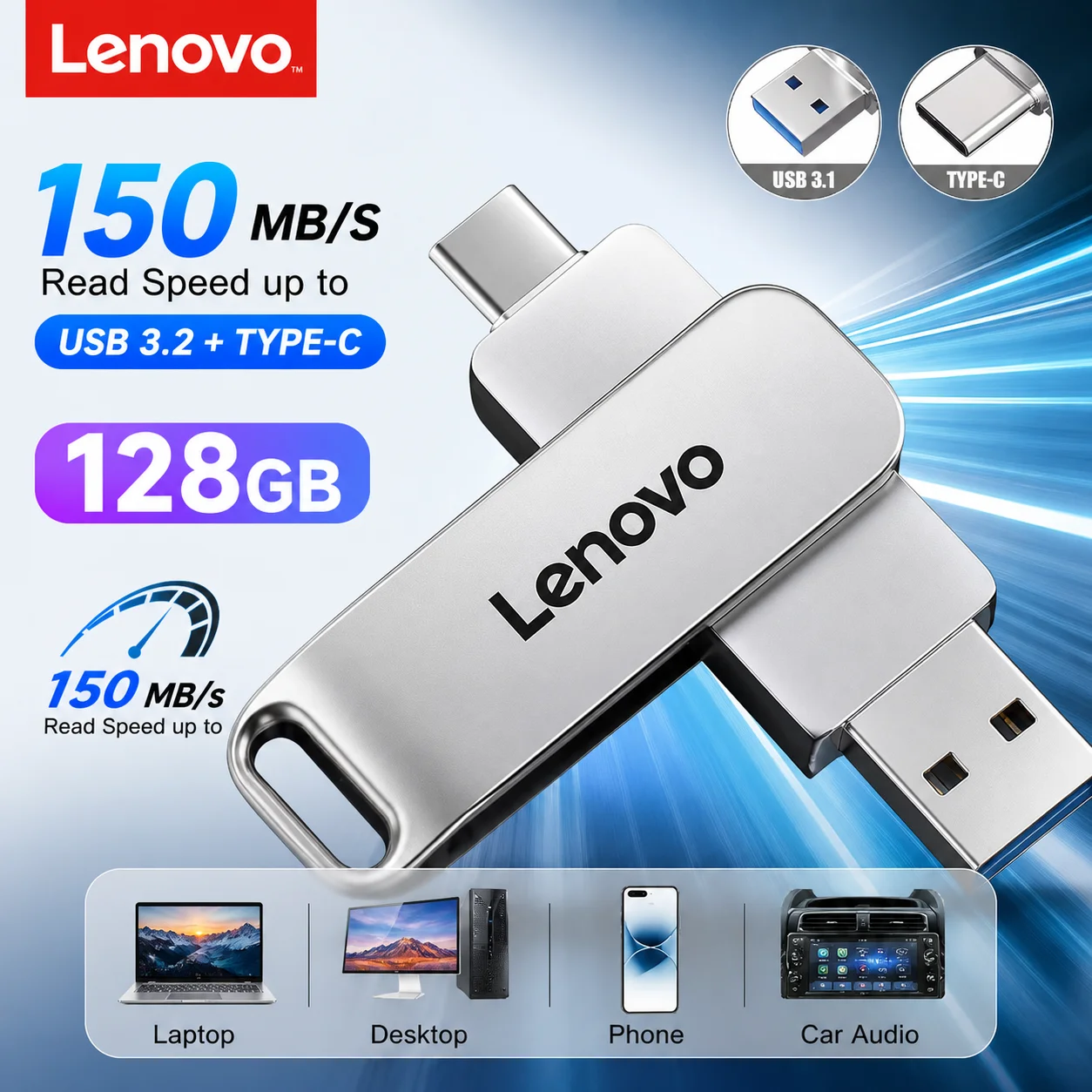 Lenovo High Speed USB 3.0 Flash Drive 512GB Multiple Capacities Metal Pendrive Memory Stick For Phone Computer Storage Pen Drive