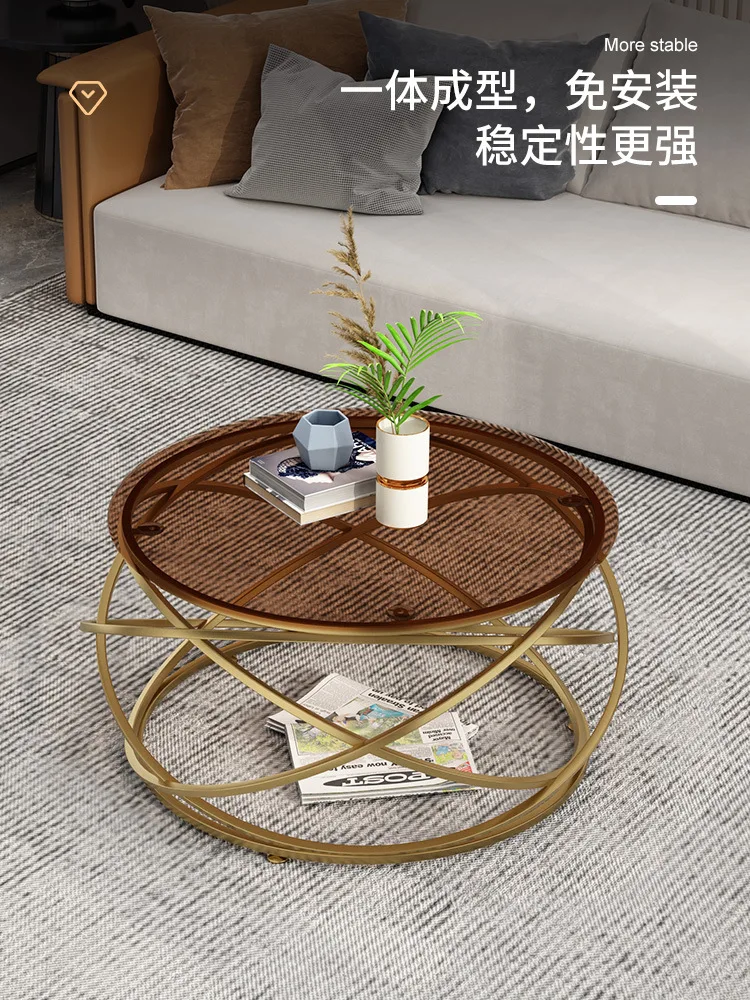 

Light luxury modern coffee table simple Nordic small apartment, brown tempered glass round creative table, design furniture