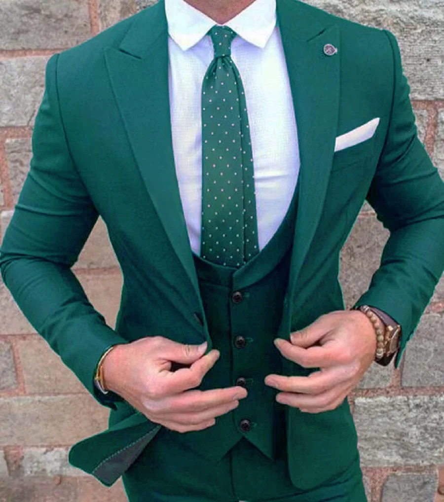 

Green Wedding Prom Suit Slim Fit Men Business Groom Suit Party Dinner Tuxedo 3 Pieces Mens suits Jacket+Vest +Pants