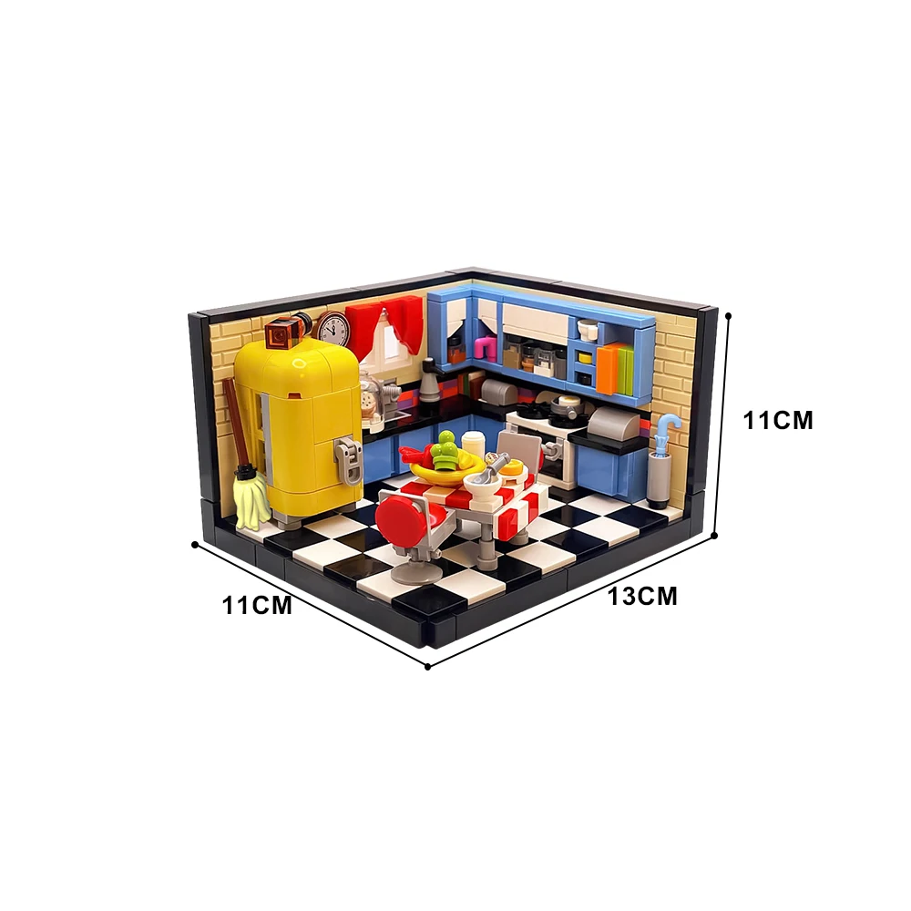 MOC Mid-Century Cucina Diorama Modello Building Blocks Design fai da te Tavolo da cucina Sala alimentari Casa Architettura Mattoni Giocattolo Regalo per bambini