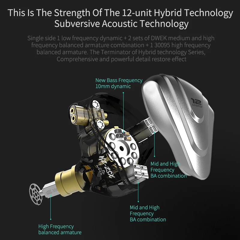 سماعات KZ ZSX Terminator المعدنية 5BA + 1DD Hybrid 12-driver HIFI Bass مراقبة داخل الأذن وإلغاء