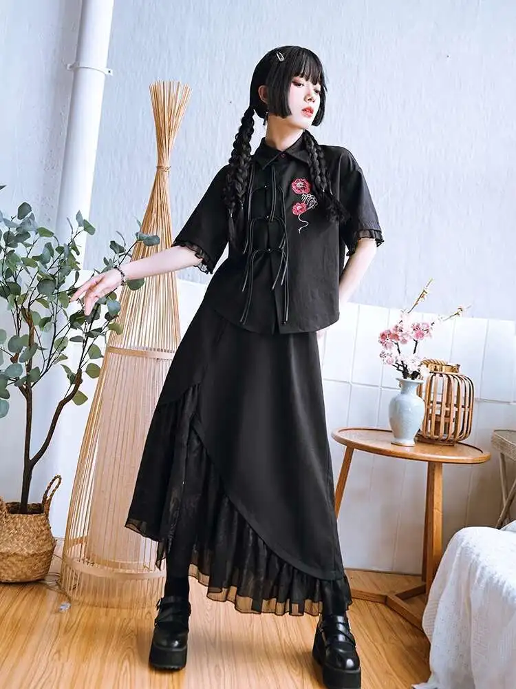 

New Chinese Style National Style Han Elements Tassels Suit Young Girl Embroidery Shirt Chiffon Skirt Black A-line Skirt