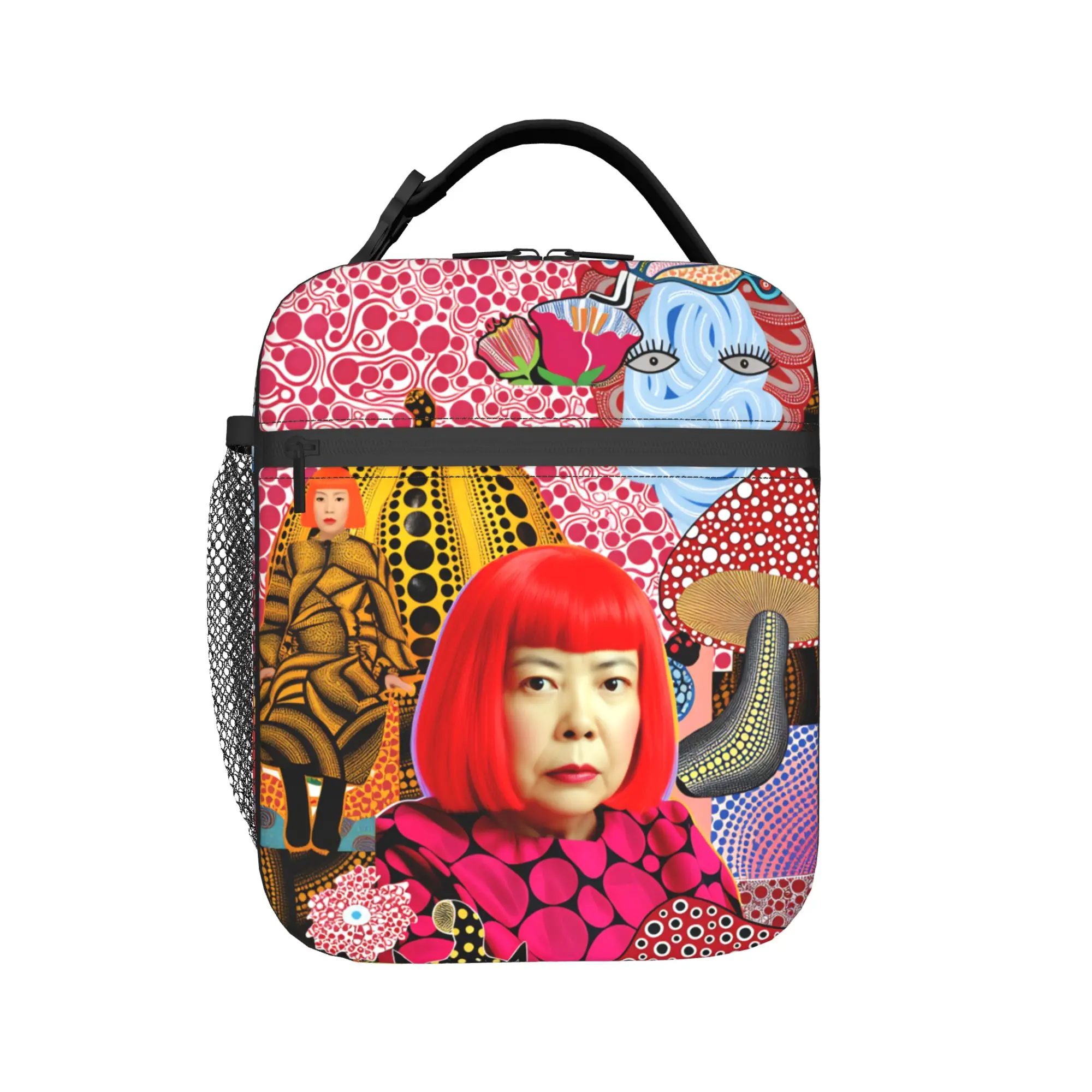 Yayoi Kusama Abstract Face Lunch Bag Kawaii Office Lunch Box Graphic Design Portable Insulated Cooler Bag
