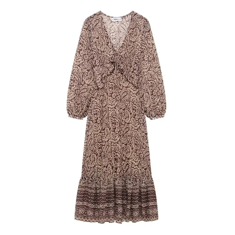 Novo Vestido Midi F Primavera 2025 com Decote em V, Decoração em Camadas, Estampa, Manga Longa, Estilo Casual, Peça Ún...