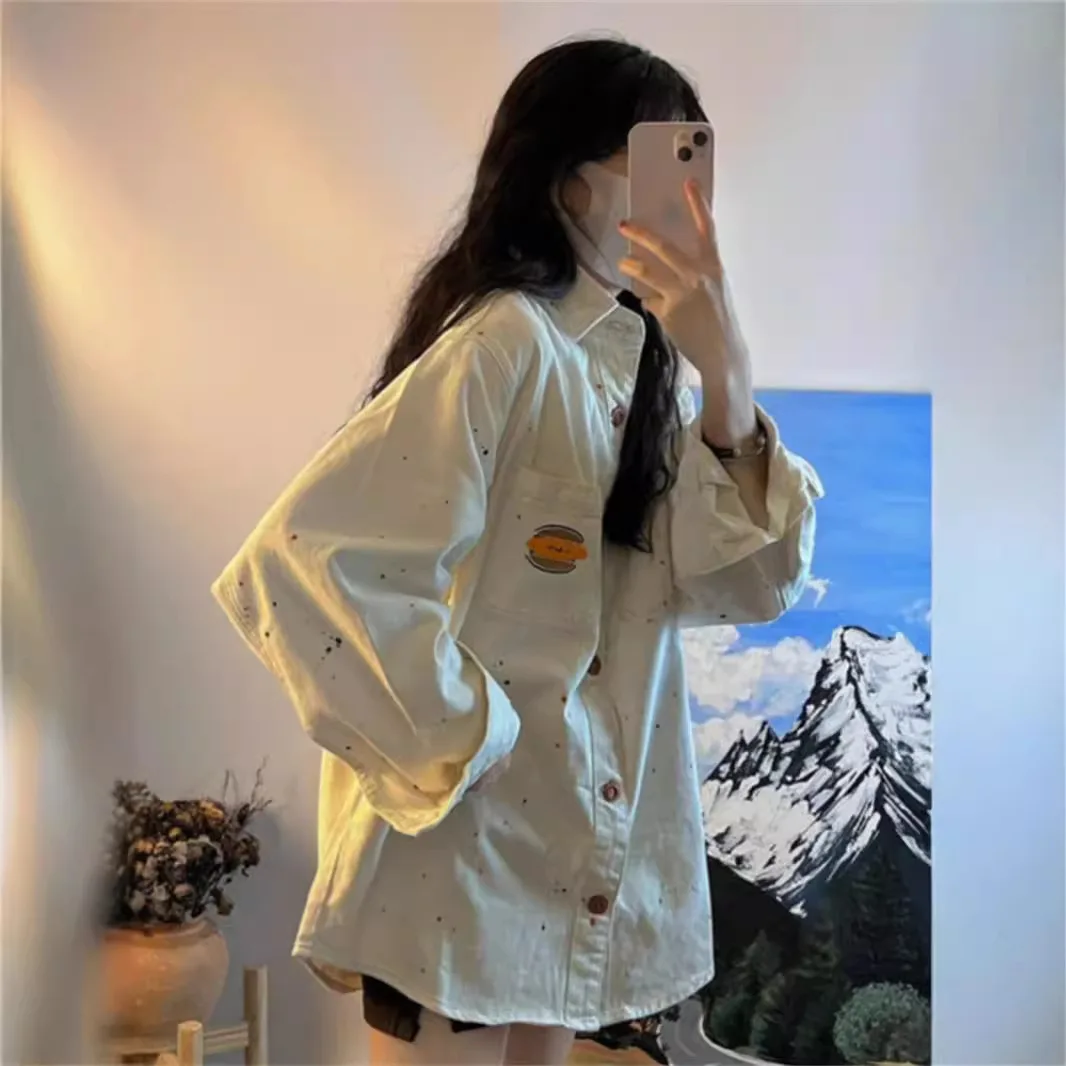 Camicia di jeans Cappotto Giacca da donna con stampa monopetto Tasche con colletto rovesciato Lavato Streetwear Top Overshirt 2025 Autunno