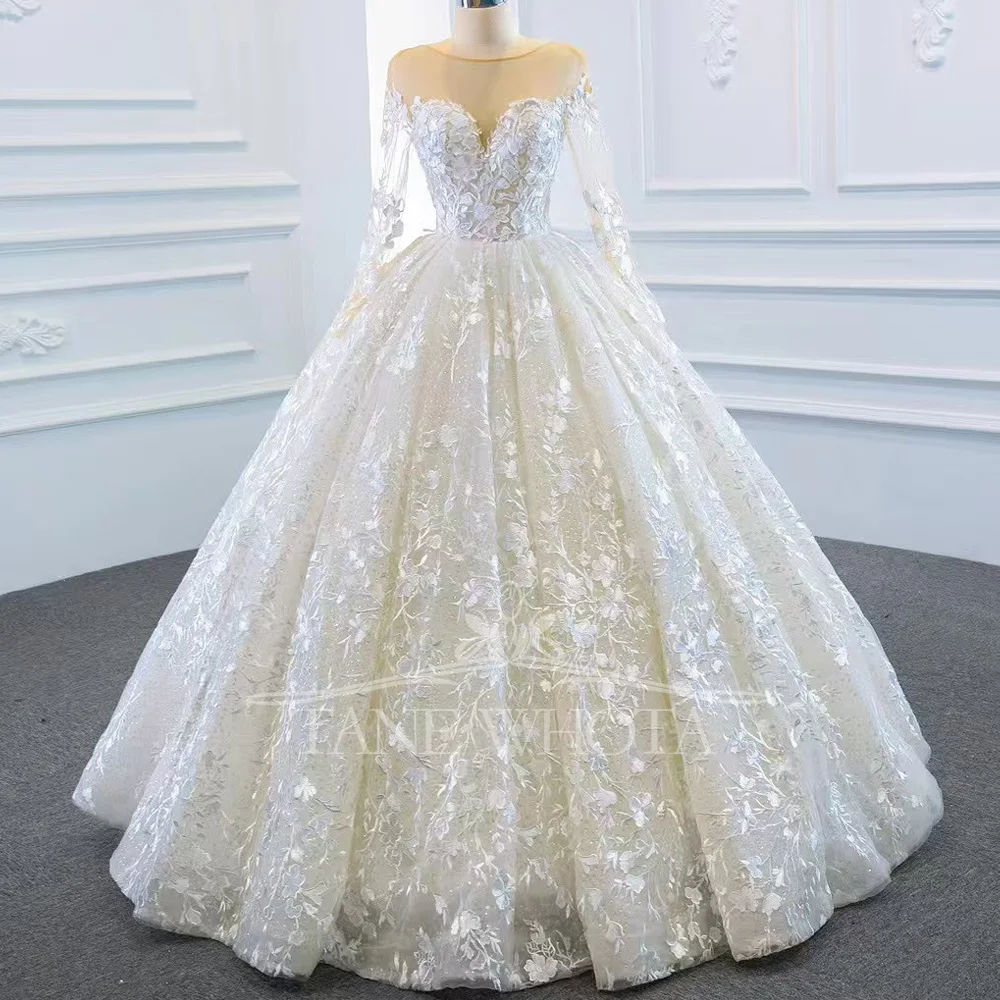 Robe De Mariée O Neck Long Sleeves Embroidery Sequined Lace Up Back Wedding Dress Customized