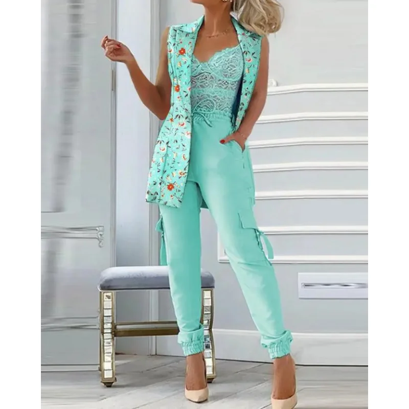 2023European and American Foreign Trade Women's Clothing Elegant Floral Sleeveless Blazer+Lace up Casual Trousers Suit