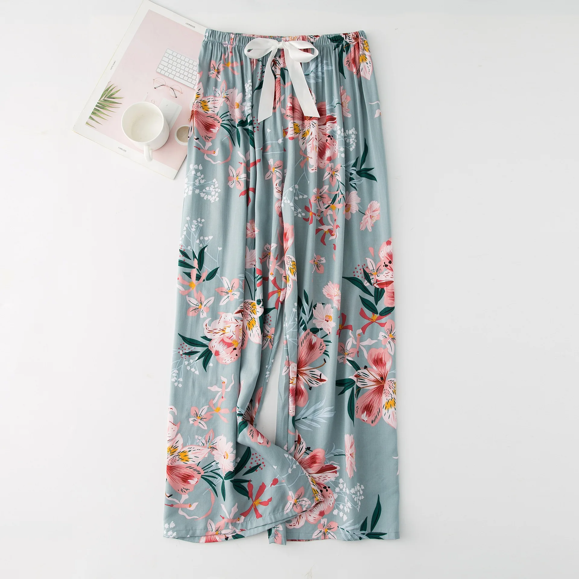 Soft Home Pants Women Spring Summer Sleep Pants Cute Floral Printed Pajama Pants Wide Leg Loose Plus Size Calf-length Bottoms