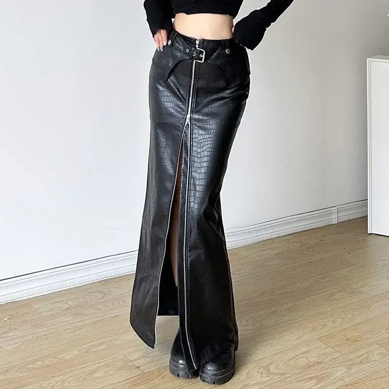 

Pu Leather Midi Skirt Zipper Split With Belt 2024 Autumn Winter Pencil Skirts Women High Waist Bodycon Hip-Covering Long Skirt