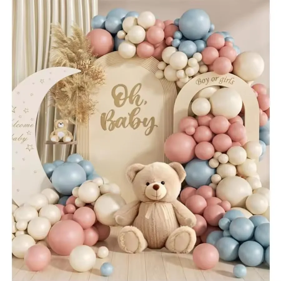 104Pcs Dusty Blue Pink Clear Balloons Arch Kit Sand White Balloons for Baby Shower Wedding Bear Themed Birthday Party Decoration