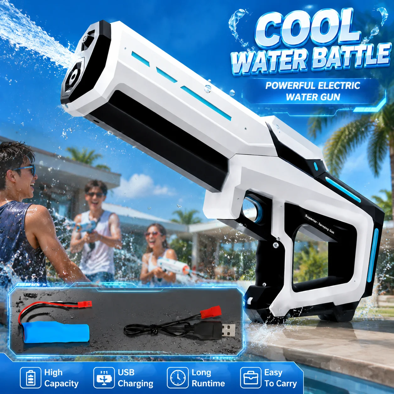 Electric Water Gun Rechargeable, High Pressure Automatic Squirt Gun White, Summer Outdoor Pool Party Toy