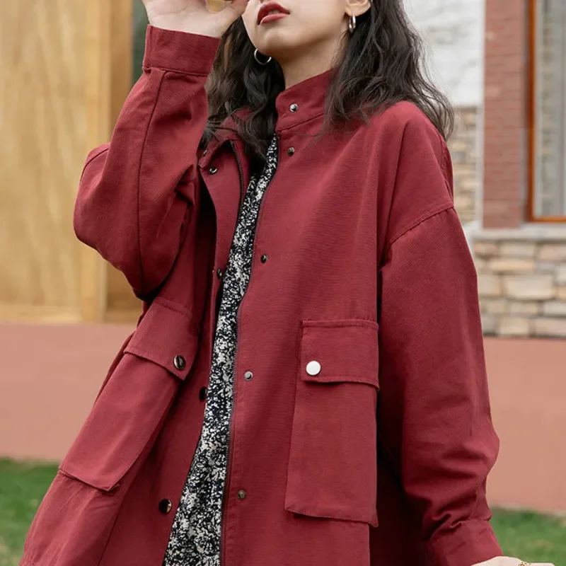 Jackets Women Vintage Trendy Solid Burgundy Preppy Girls Outerwear All-match High Quality Ladies Overcoat Preppy Cargo BF Style