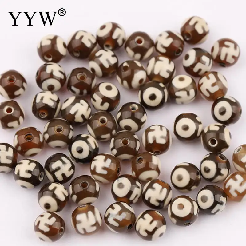 Wholesale 200pcs Tibetan Dzi Bead Round Polished 8mm Stone Money Tiger Teeth Lotus Flower Three Eyes Pattern Brown Dzis Beads