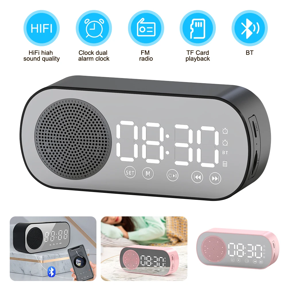 Multi-function Alarm Clock Wireless Bluetooth Speaker Loud Subwoofer Clock Mini Mirror Digital Alarm Clock 2 Alarms FM Radio