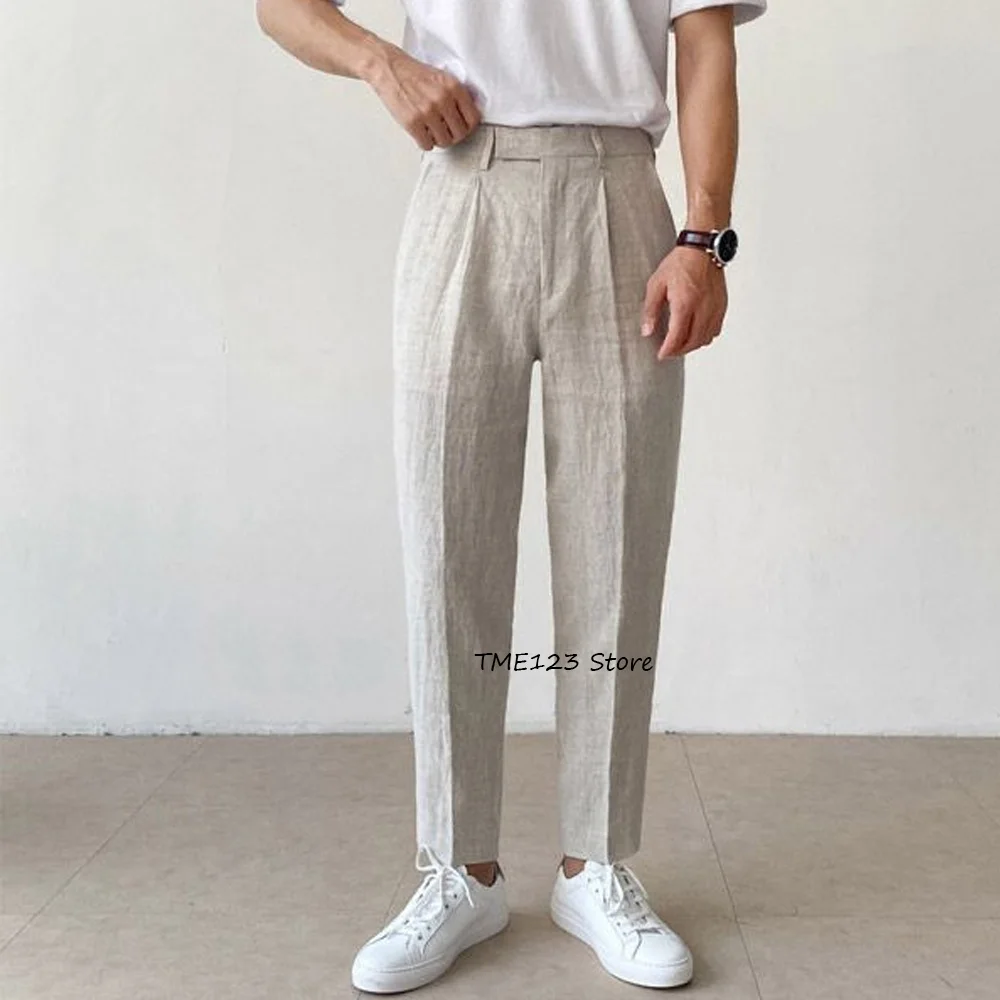 

Classic Men's Pants for Man Lightweight Business Casual Straight Leg Solid Color Linen Fabric Trousers Work Trouser Tailoring