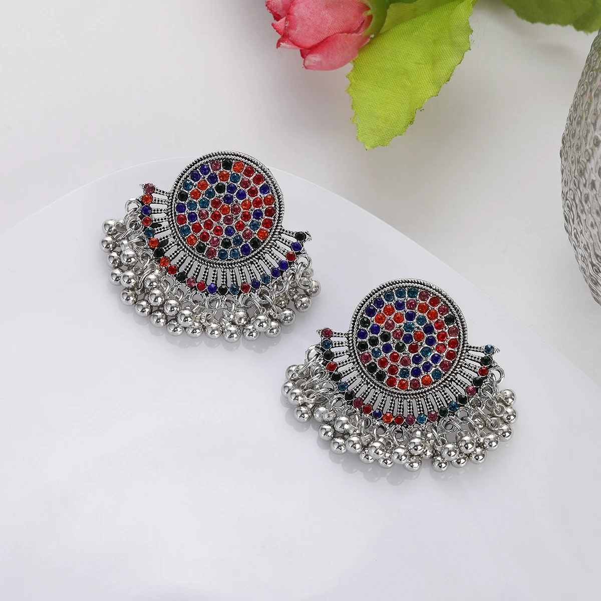 Ethnic Luxury Multicolor Crystal Earring Retro Silver Plated Round Fan Shape Dangle Earrings Party Wedding Jewelry bijoux femmes