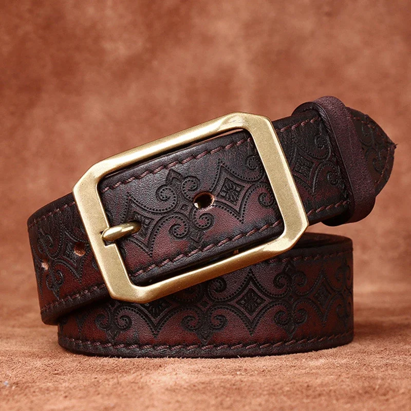 3.8CM Thickened Italian Pure Cowhide High Quality Genuine Leather Belts for Men Carving Strap Male Brass Buckle Jeans Cowboy