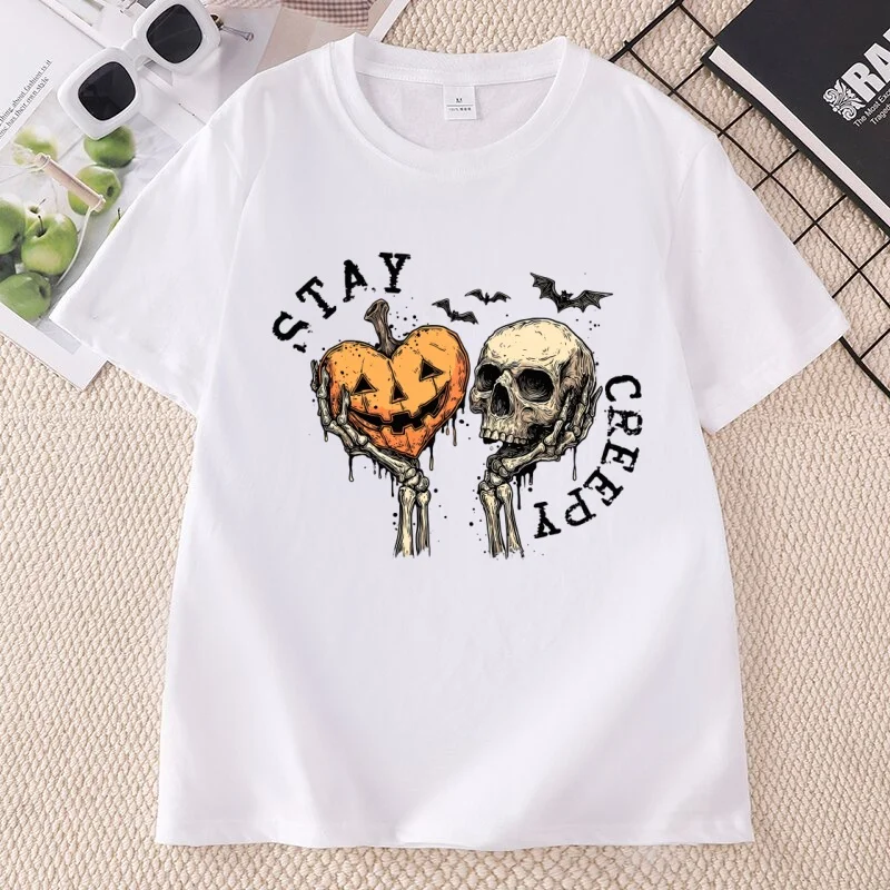Creepy Womens Halloween Tshirt Casual Cotton Short Sleeve Cute Skeleton Hands T Shirt Funny Halloween Skull Tee Spooky Season
