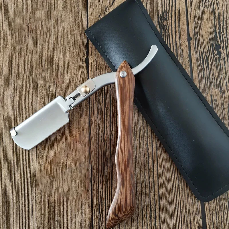 Homens navalha reta borda de madeira aço inoxidável barbeiro navalha barba barbeador madeira dobrável aço inoxidável barba barbeador para homem