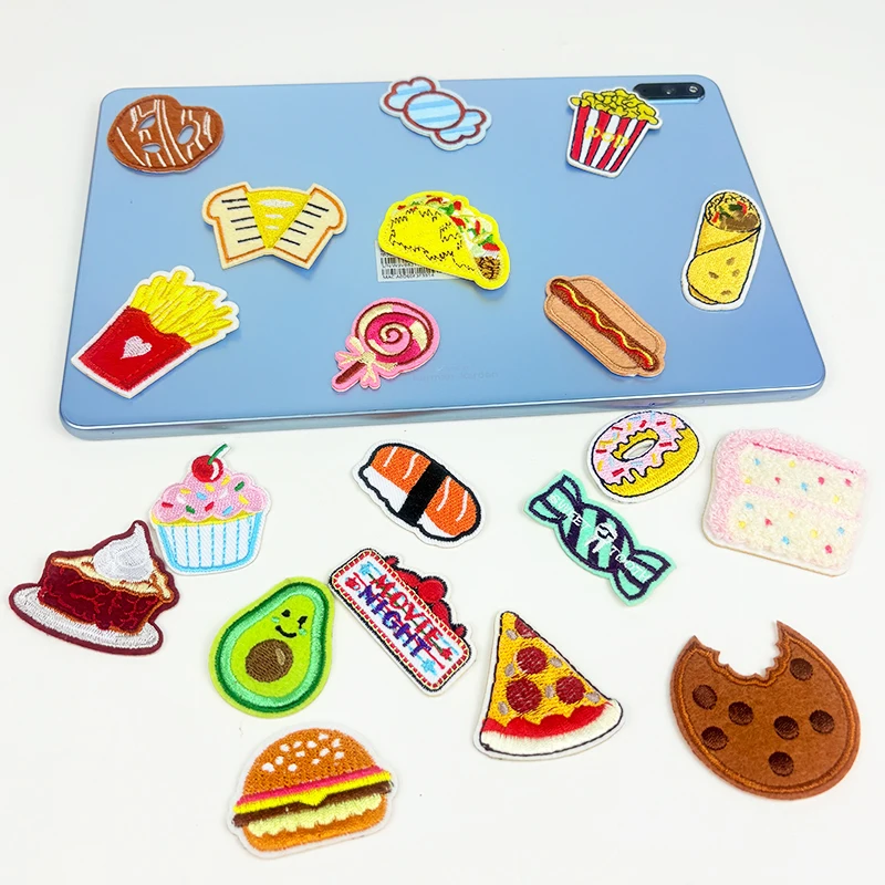 20Pcs Lot Food Doughnut Hamburg French Fries Embroidery Applique Stick On Patches Bulk Wholesale For Clothing Kids Fusible Cute