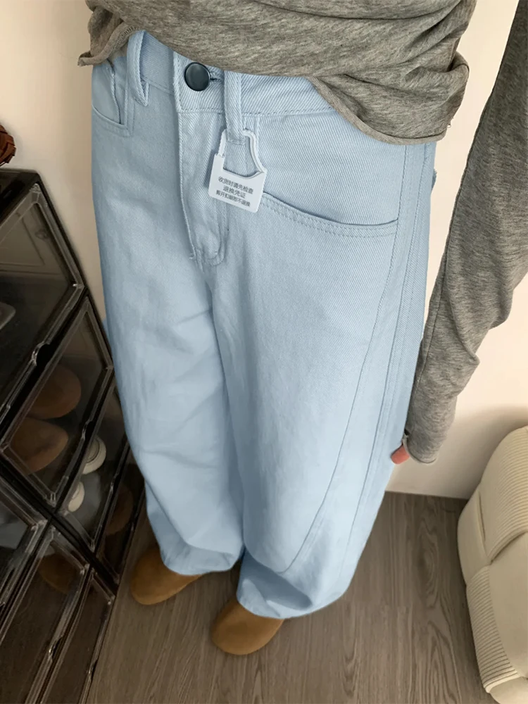 High Waist Wide Leg Straight Cut Blue Jeans Women's Spring Loose Fitting Trousers Large Size Comfortable Floor Length Pants