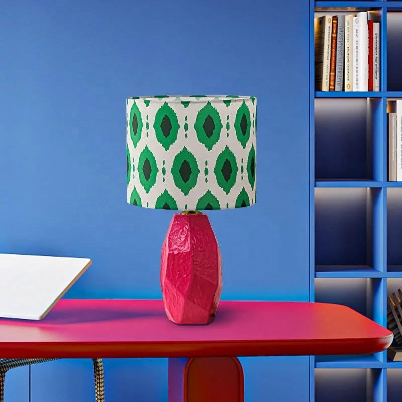 Modern Pink Ceramic Table Lamp with Patterned Fabric Shade 3 Color Dimmable Desk Light for Bedroom Living Room Home Decor