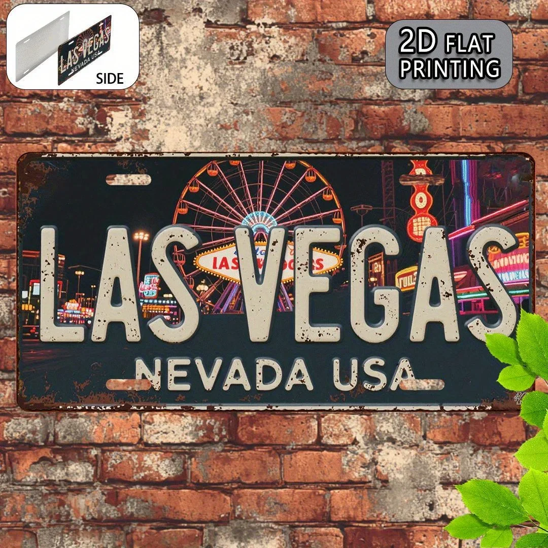 2D Flat Las Vegas License Plate Style Aluminum Wall Sign, Nevada Ferris Wheel Theme, Decor for Garage, Office & Man Cave