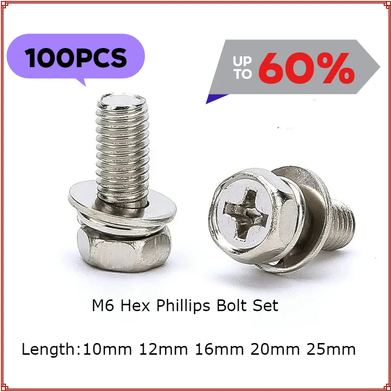 100pcs M6 Hex Phillips Cross Head Bolt Hexagon Phillips Screw Flat Spring Washers Nickel Plated L=10-25mm Hardware Accessory