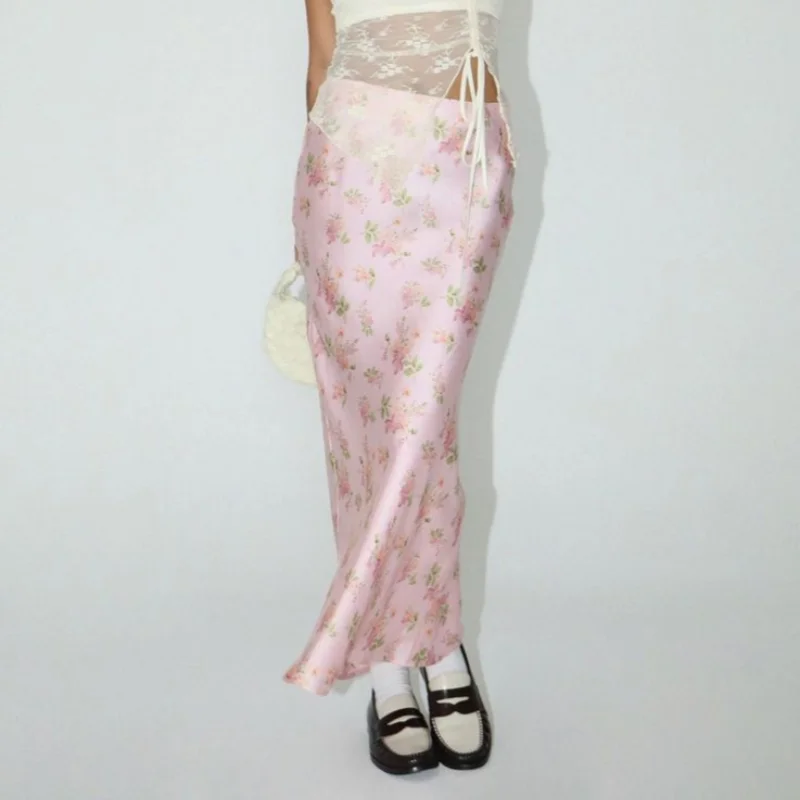 

2025 New Satin Beauty Long Skirts Fashion Women High Waist Floral Print Sweet Dresses Casual Office Lady Commute Holiday Skirt
