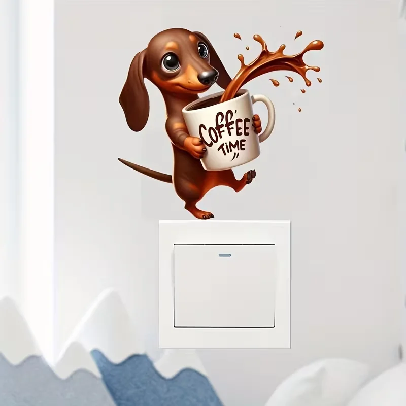 1pc Coffee Drinking Puppy Pattern Wall Switch Panel Decorative Stickers, Bedroom Control Panel Decorative Stickers