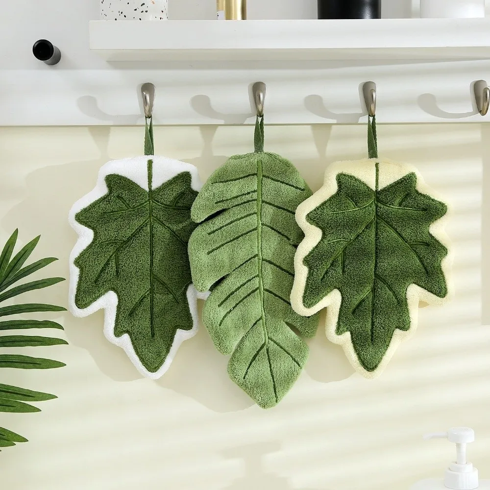 High Quality Cartoon Leaf Hand Towel Absorb Water Coral Velvet Kitchen Handkerchief Thickened Hanging Hand Wipe Kitchen
