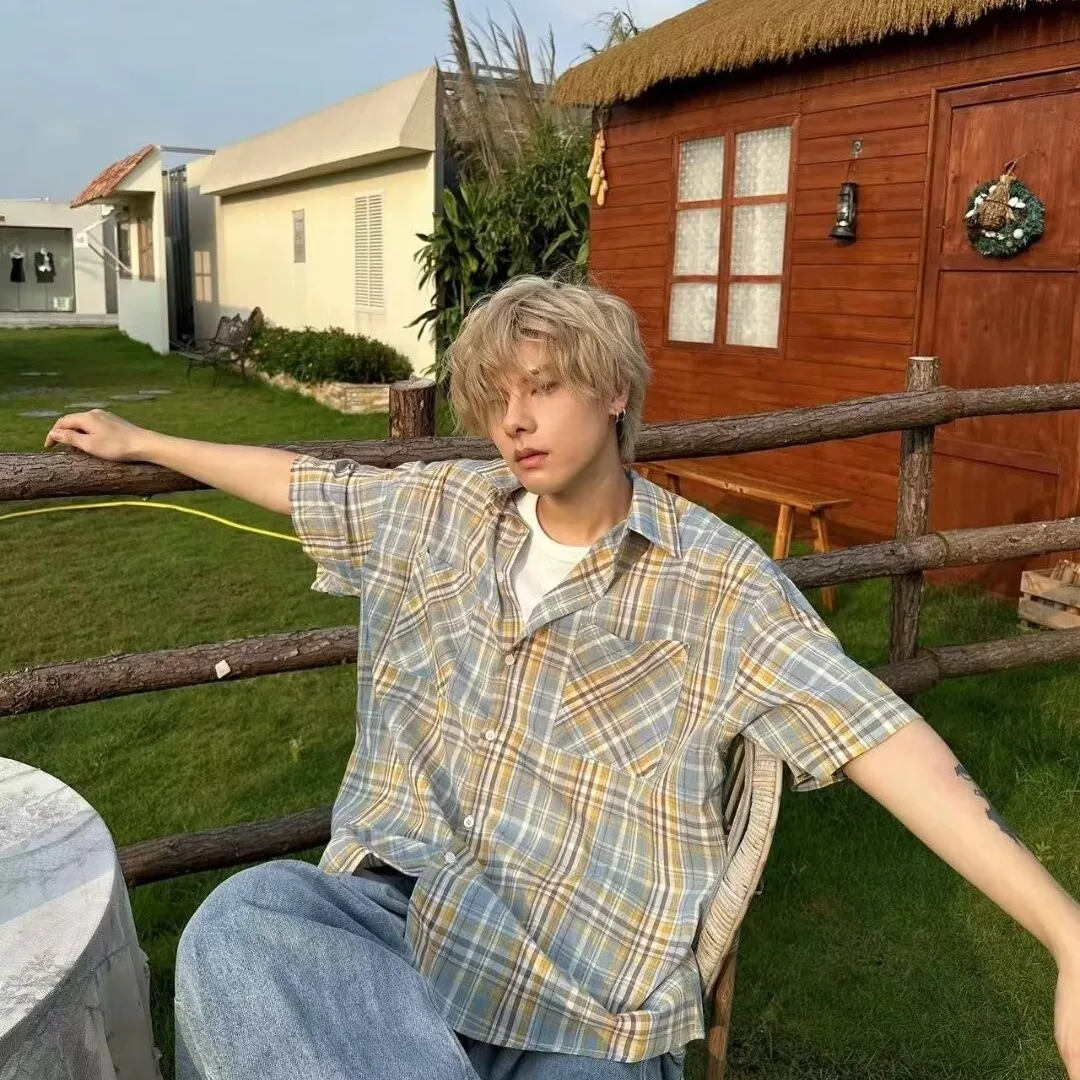 

Summer Large Size 300 Pou Japanese Sle Plaid ort Sve Men's American Retro Loose f Sve irt Couple's Cheere...