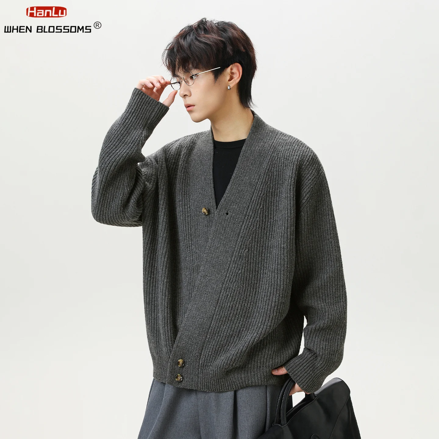 Hanlu 2025 الرجال ثوب الكيمونو الياباني سترة خمر المال القديم نمط الوزن الثقيل تريكو غير المتماثلة بلاكيت معطف فاخر #4