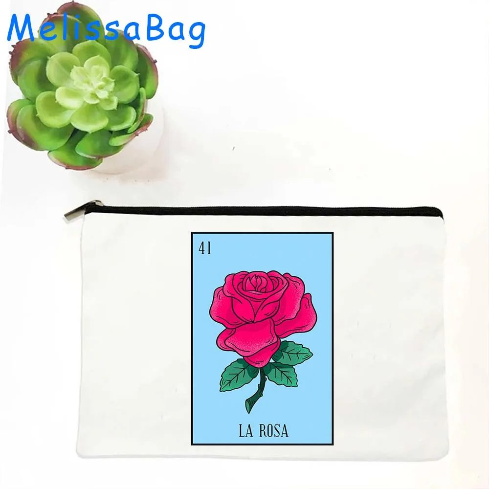 Mexico El Catrin Muertos Tarot BANDERA ESTRELLA SIRENA ROSA Loteria Card Mexican LOTTERY Canvas Cosmetic Makeup Bags Pencil Case