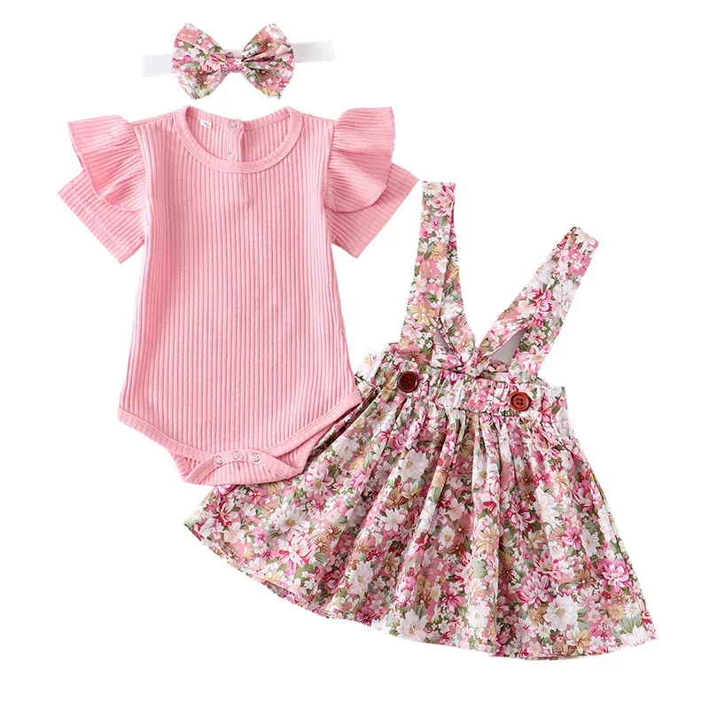 Conjunto de ropa de verano para niña recién nacida, Top de mameluco de manga corta rosa, vestido Floral y Diadema, ropa de princesa para vacaciones