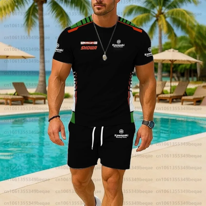 

Men's 2025 new fashionable sportswear Kawasaki rider pattern summer T-shirt and sweatpants set cool street style